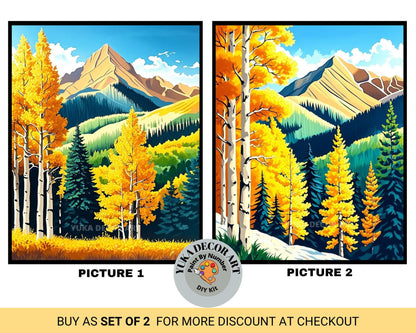 two pictures of a mountain scene with trees
