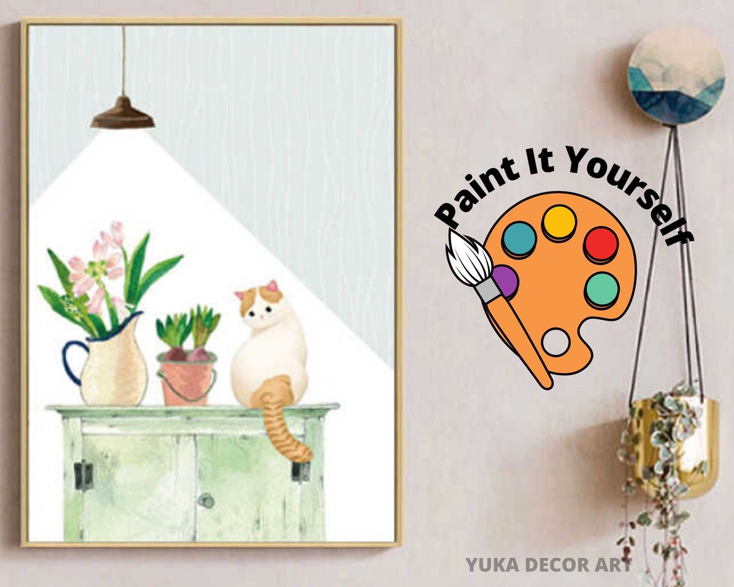 PAINT by NUMBER Kit Adult ,Minimalist Wall Art, Cat With Lamp and Plants , Easy DIY Beginners Acrylic Painting Kit , Wall Art Gift