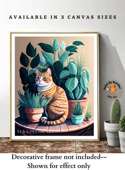 PAINT by NUMBER Adult Kit ,Golden Cat With House Plants ,Cat Illustration Poster, DIY Beginners Paint Kit ,Wall Decor ,Mom Grandmom Gift