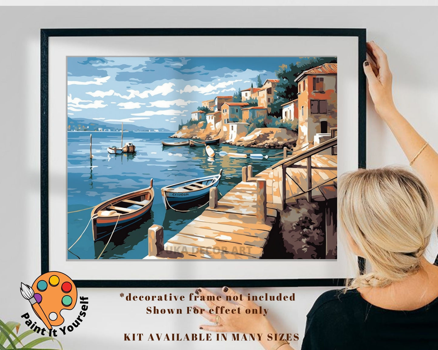 Seascape PAINT by NUMBER Kit for Adult , Rocky Cliff Village on Seashore ,Boat Scene, Easy Beginner Acrylic Painting Kit,Home Decor Gift