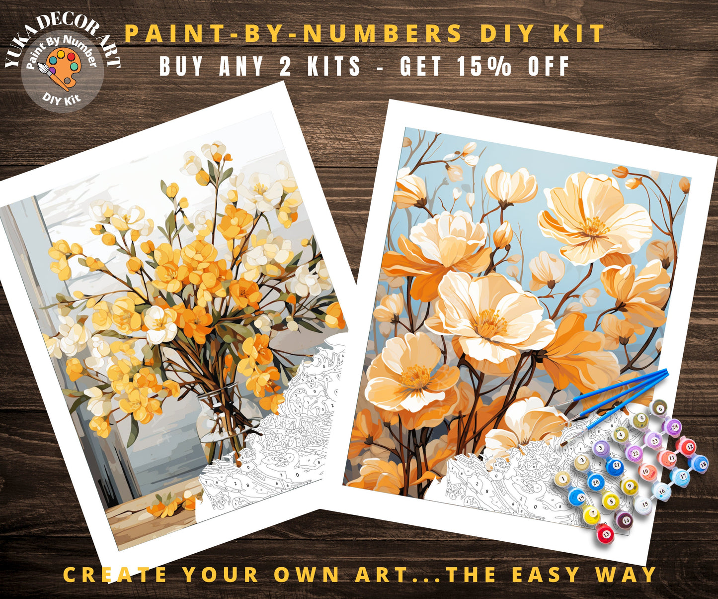 PAINT by NUMBER Kit Adults | Yellow Flowers Set Of 2 | WildFlowers DIY Painting Easy Beginners Hobby Kit Wall Art Birthday Gift Mom Sister