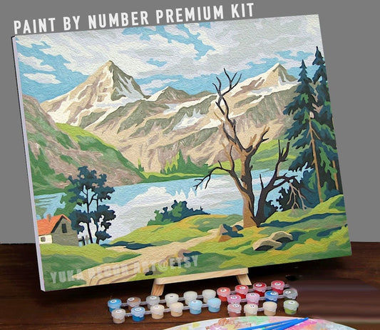 Mountain Lake PAINT by NUMBER DIY Kit for Adult, Snow Mountain Vintage Style Art , Easy Beginner Acrylic Painting ,Rustic Decor Gift