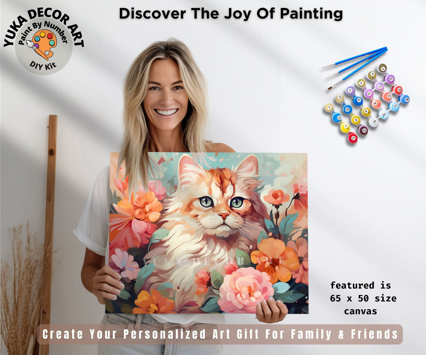 Cat PAINT by NUMBER Kit Adult DIY Art Peach Peonies Floral Easy Beginner Acrylic Painting Birthday Anniversary Custom Gift For Kids Teens