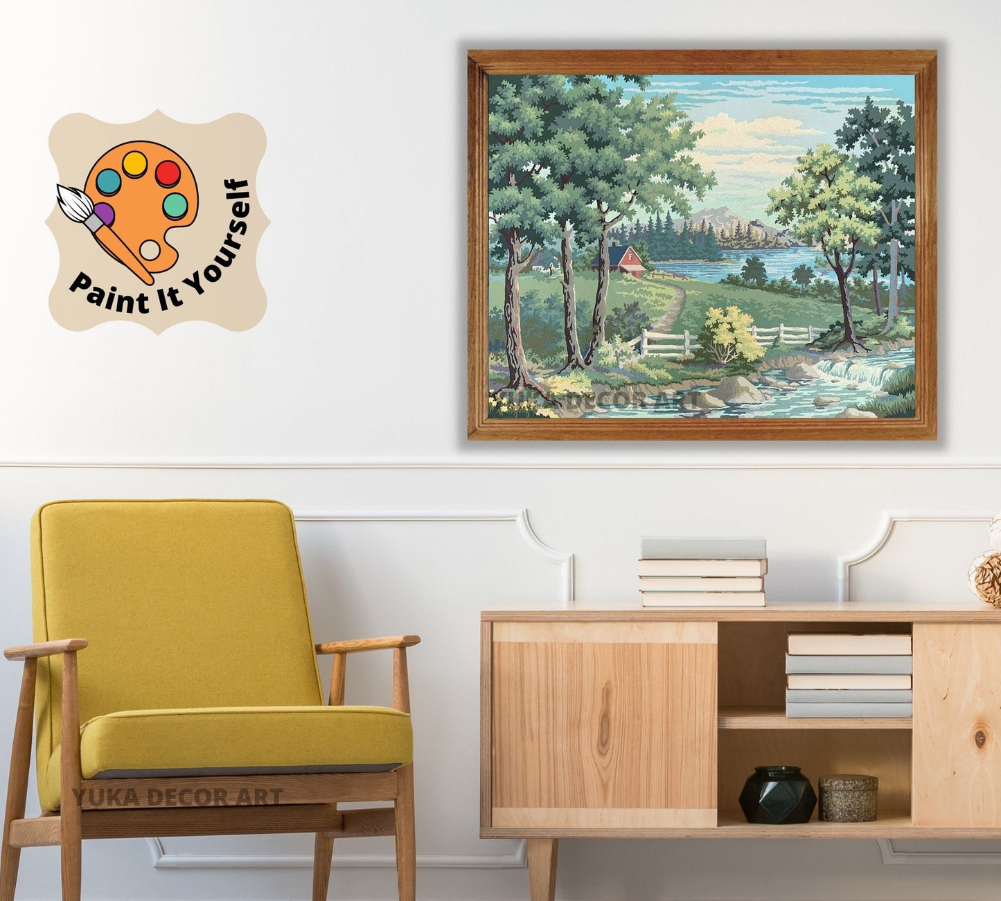 Countryside Lake Vintage Style PAINT by NUMBER Kit Adult, Mountain Forest Scenery , Beginner Acrylic Painting DIY Kit, Mom Christmas Gift