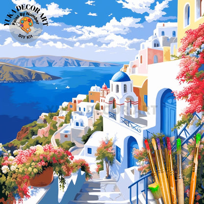 PAINT by NUMBERS Kit Adult Greece Santorini Landscape Minimalistic Chic Style DIY Painting Easy Beginners Paint Kit Decor Gift For Mom Wife