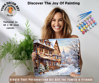 Winter Village PAINT by NUMBERS DIY Kit Adult Scenic Wood Cottage Vintage Art Acrylic Painting Easy Beginner Craft Kit Mom Dad Birthday Gift