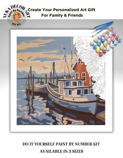 Lakeside Boat Vintage Style PAINT by NUMBER Kit Adult, Landscape Painting, Easy Beginner DIY Paint Kit, Lake Home Gift For Grandfather Dad