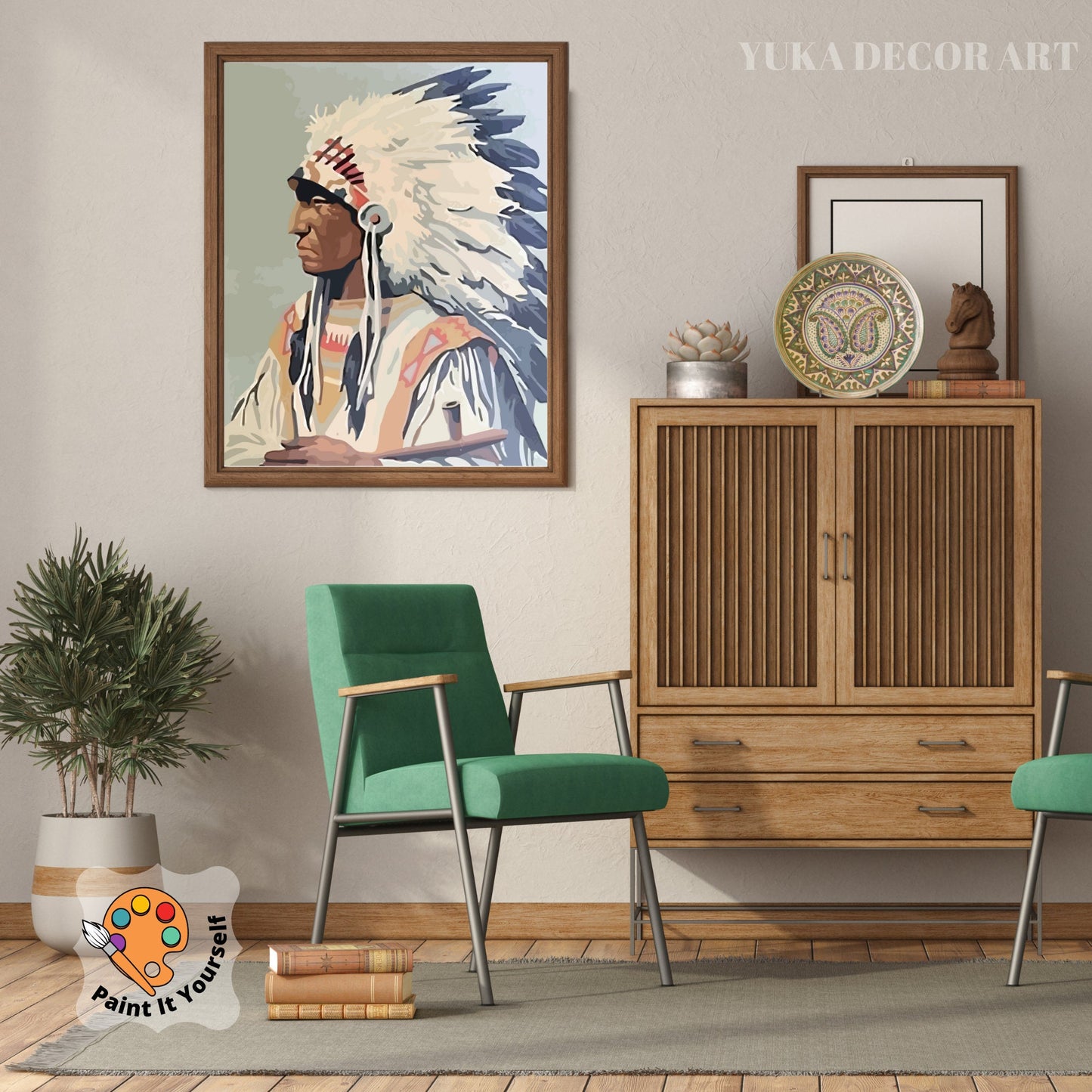 Red Indian PAINT by NUMBER DIY Kit for Adult , Native American Vintage Style Art , Easy Beginner Acrylic Paint Kit,Wall Art Gift