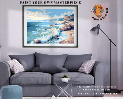 Seascape PAINT by NUMBER Kit for Adult , Rocky Seashore Waves Beach scene, Beginner Acrylic Painting Kit,Home Decor Gift