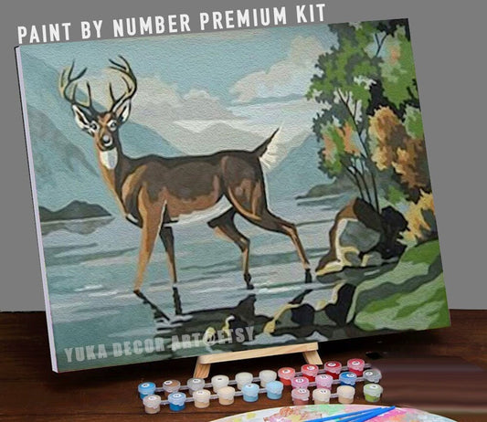 Wandering Antler PAINT by NUMBER Kit  Adult , Mountain River Vintage Style DIY Art , Easy Acrylic Paint Kit,Christmas Decor Gift