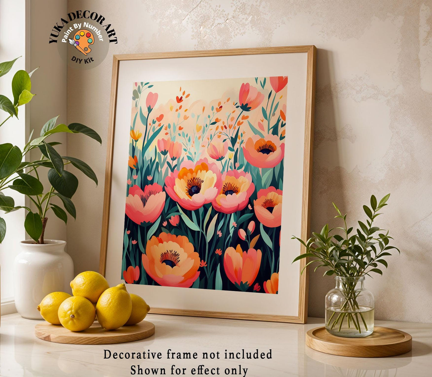 a picture of some flowers and lemons on a table