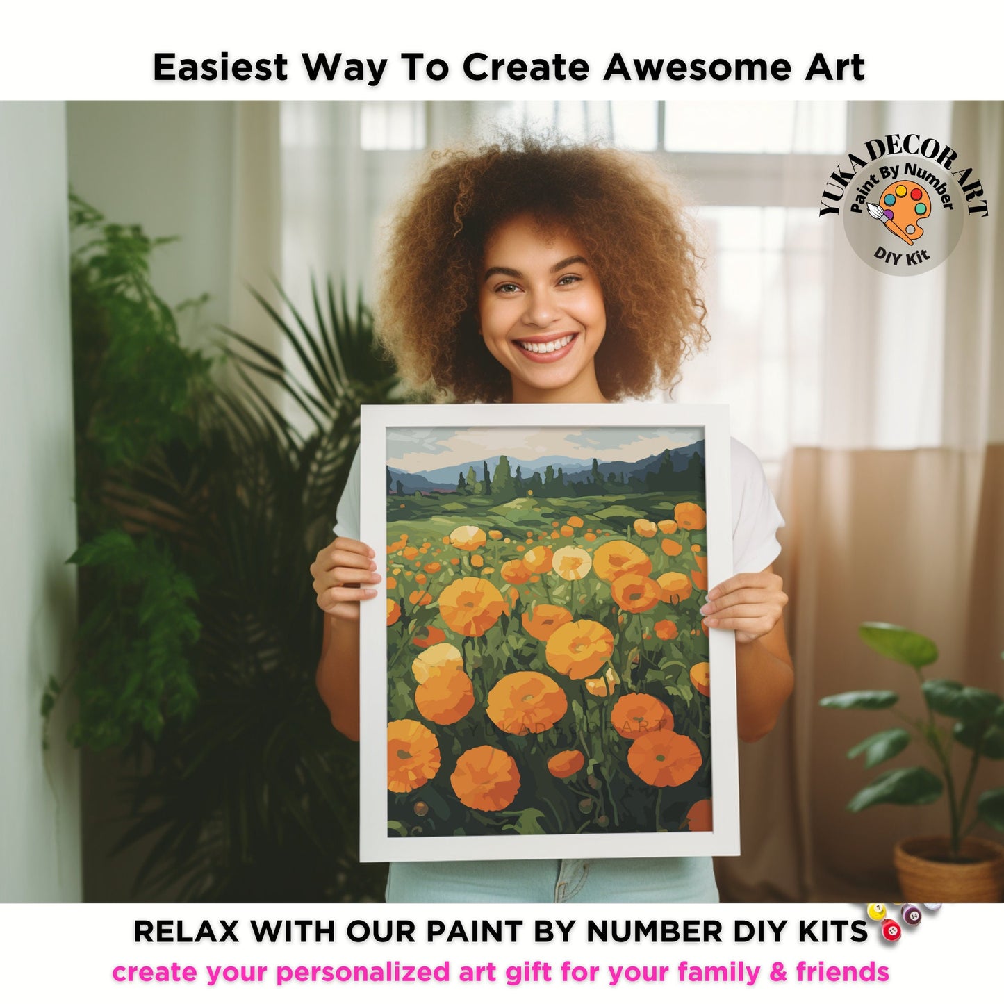 PAINT by NUMBER Kit  Adult Landscape Valley Orange Yellow Poppy Flowers Colourful Art Easy Beginner Acrylic Painting DIY Kit Mom Dad Gift