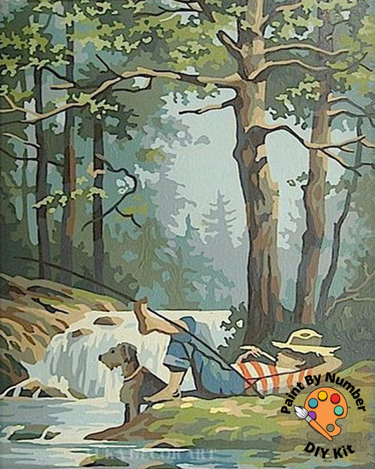 Vintage PAINT by NUMBERS for Adult, Boy Fishing In Stream, Easy Beginner Acrylic Painting  Kit,Vintage Decor Gift