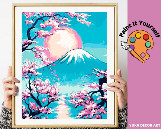 Japan PAINT by NUMBERS DIY Kit for Adult & Kids, Snow Mount Fuji Cherry Blossoms ,Easy Beginners Acrylic Painting Kit,Home Decor Gift