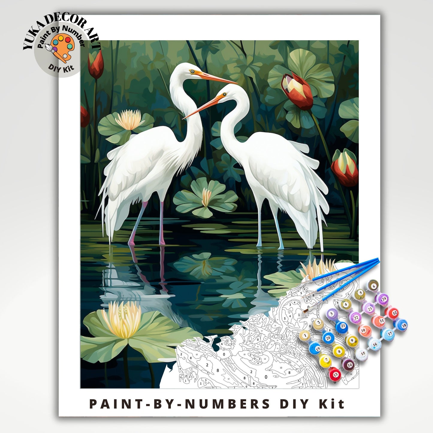 Vintage Style PAINT by NUMBER Kit For Adults White Birds In Lake Lilies Flowers DIY Painting Easy Beginners Paint Kit Garden Lover Art Gift