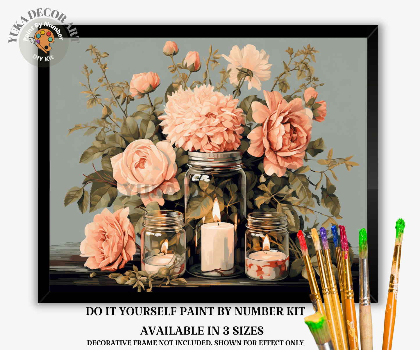 Pink Flowers PAINT by NUMBER Kit Adult, Mason Jar Bouquet ,Beginner Acrylic Painting DIY Kit ,Christmas Gift For Mom Grandma Girlfriend Wife