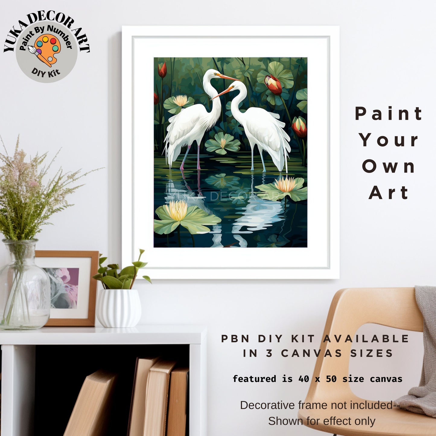 Vintage Style PAINT by NUMBER Kit For Adults White Birds In Lake Lilies Flowers DIY Painting Easy Beginners Paint Kit Garden Lover Art Gift