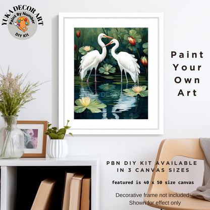 Vintage Style PAINT by NUMBER Kit For Adults White Birds In Lake Lilies Flowers DIY Painting Easy Beginners Paint Kit Garden Lover Art Gift