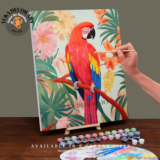 Bird PAINT by NUMBER Kit for Adults Red Green Macaw Bird Tropical Forest Easy Beginners Vintage Style DIY Paint Kit Home Decor Wall Art Gift
