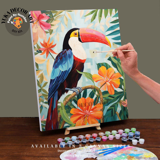Bird PAINT by NUMBER Kit for Adults Red Green Macaw Bird Tropical Forest Easy Beginners Vintage Style DIY Paint Kit Home Decor Wall Art Gift