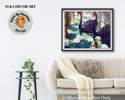 Black Swans In Lake Garden PAINT by NUMBER Premium DIY Paint Kit Adult , Vintage Style Easy Beginner Painting Gift