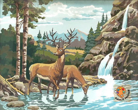 Mountain Stream  PAINT by NUMBER Kit  Adult ,  Deers in Forest Vintage Style DIY Art , Easy Acrylic Paint Kit,Christmas Decor Gift