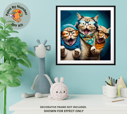 PAINT by NUMBER Kit Adult ,Minimalist Wall Art, Three Funny Cats  , Easy DIY Beginners Acrylic Painting Kit , Nursery Room Decor Gift