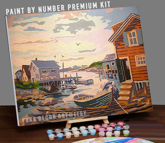 Vintage Style PAINT by NUMBER Kit for Adult DIY Boat Dock painting Easy For Beginners Acrylic Painting Kit Home Decor Christmas Gift Grandpa