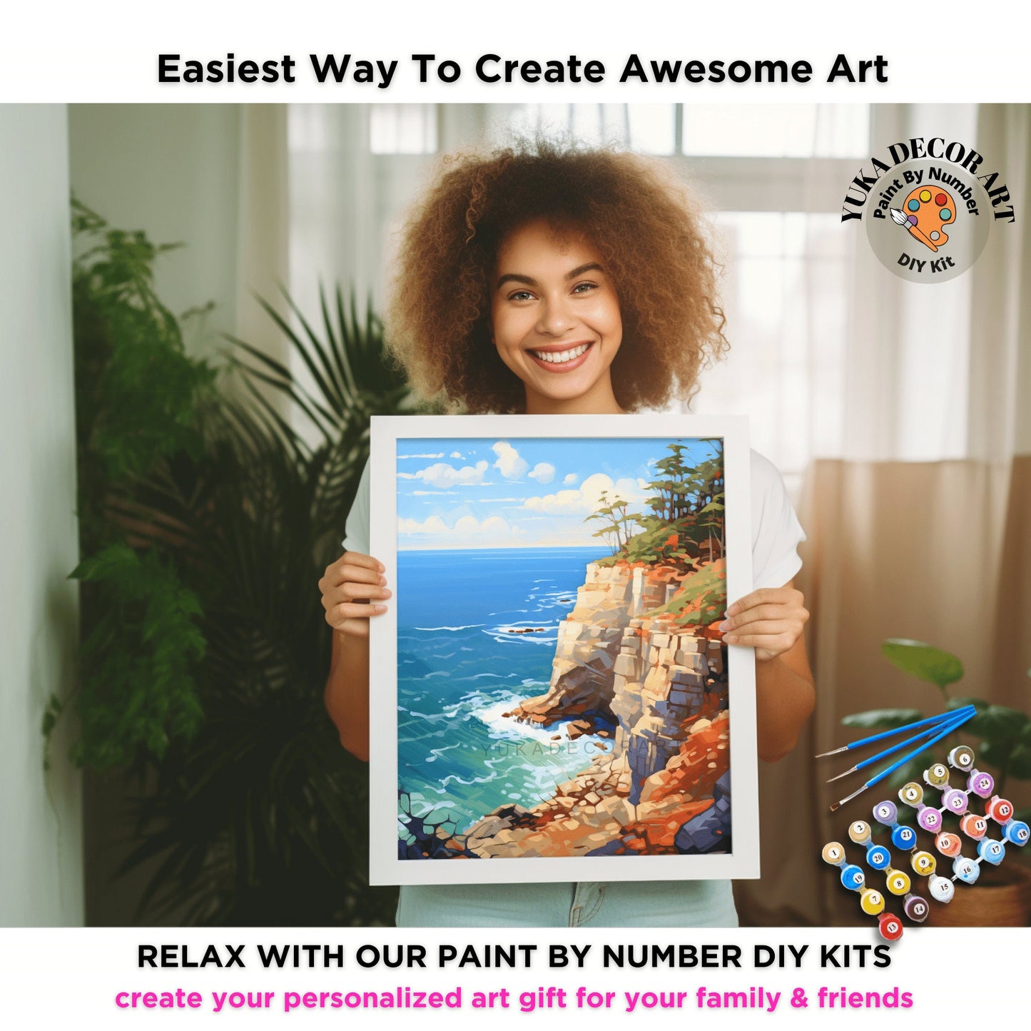 Rocky Seascape PAINT by NUMBER Kit Adult , Scenic Coastal Art Easy Beginner Acrylic Painting DIY Kit Wall Art Gift For Dad