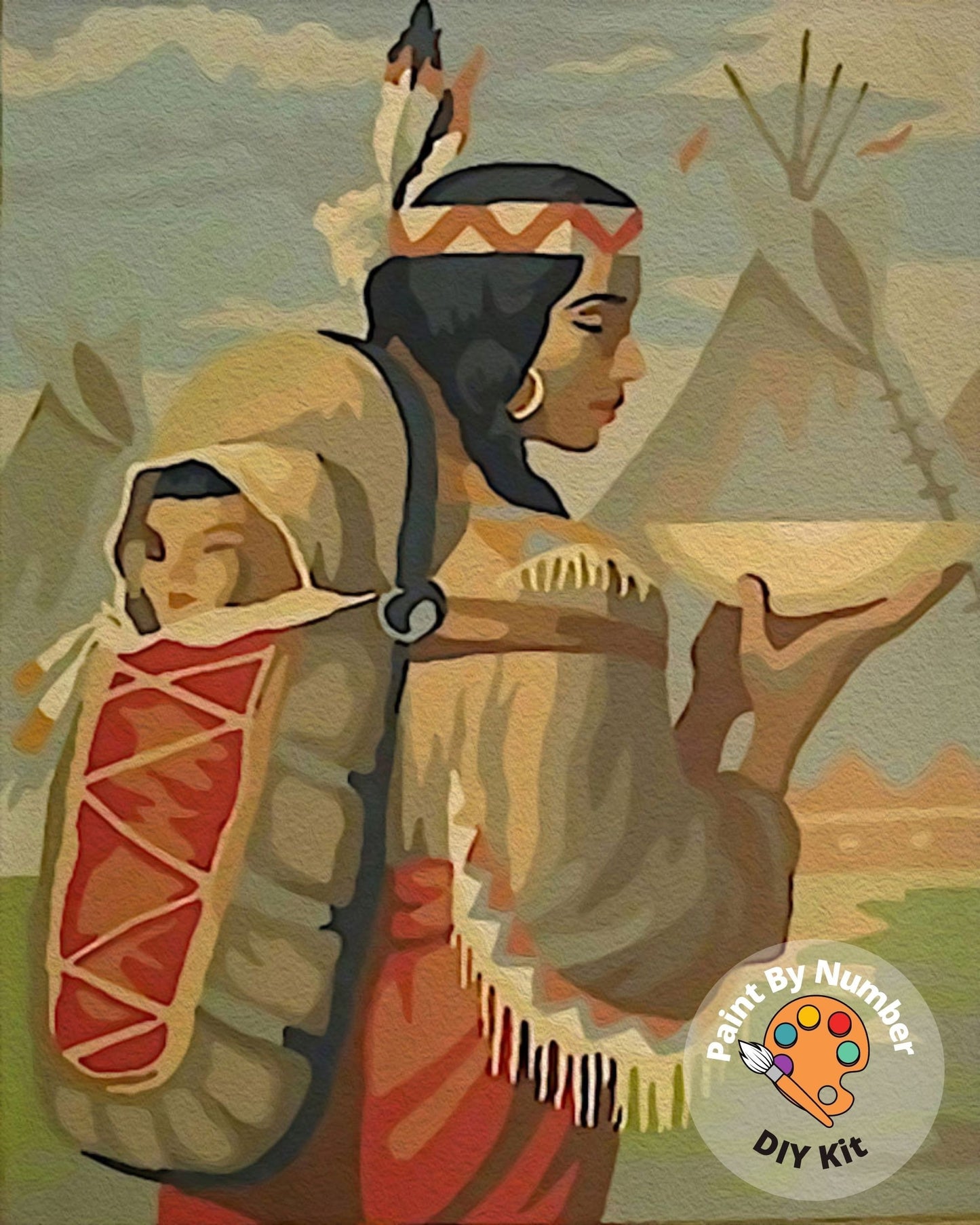 Vintage Style PAINT by NUMBER  Kit for Adult , Native American Mother Child  Painting , Easy Acrylic Paint Kit,Wall Art Gift