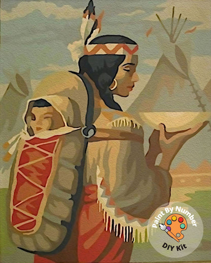 Vintage Style PAINT by NUMBER  Kit for Adult , Native American Mother Child  Painting , Easy Acrylic Paint Kit,Wall Art Gift