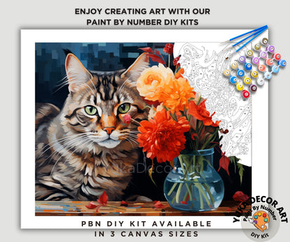 Cat PAINT by NUMBER Kit Adult DIY Art Orange Vibrant Flowers Easy Beginner Acrylic Painting Birthday Housewarming Custom Gift For Grandmom
