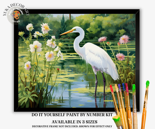 White Heron PAINT by NUMBER Kit Adult Painting DIY by Numbers Easy Beginners Painting Birthday Gift For Mom Grandma Vintage Art Home Decor