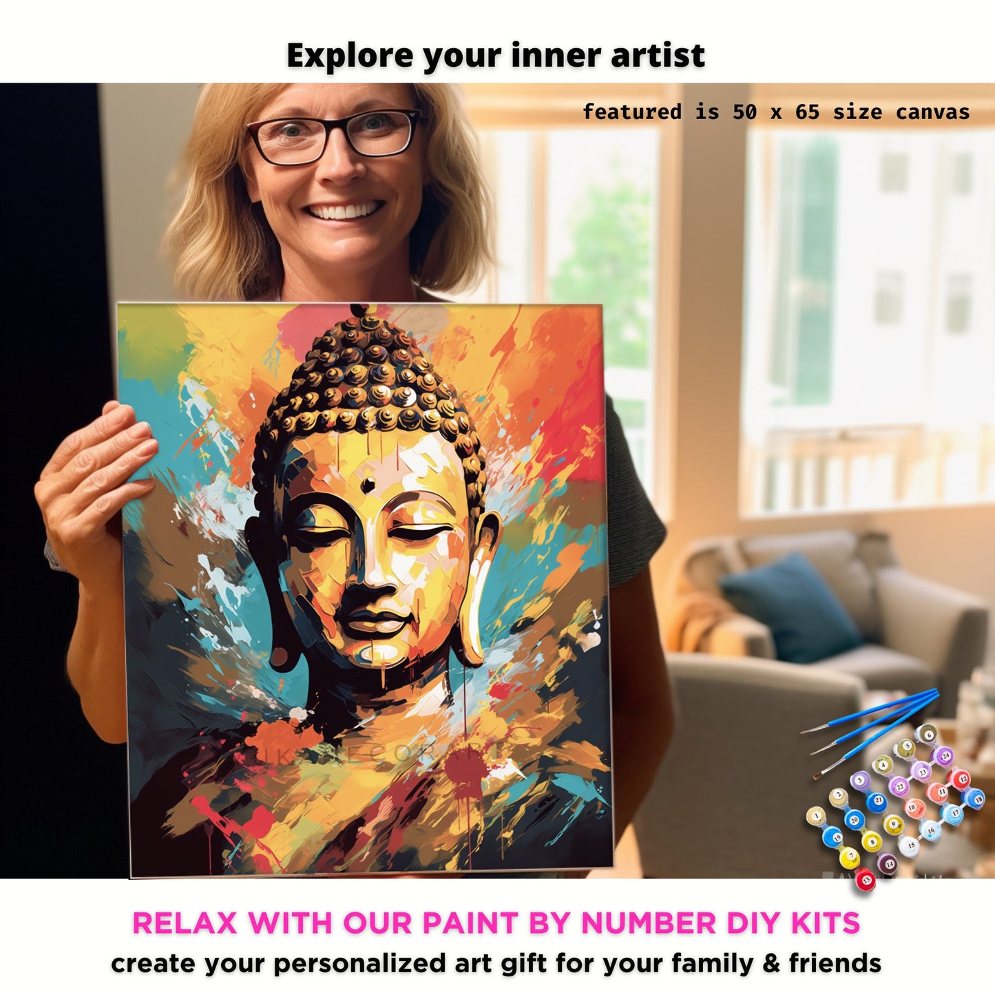 Buddha PAINT by NUMBERS Kit For Adults Buddha Statue Vibrant Multicolour Abstract Art DIY Paint Kit Zen Meditation Studio Wall Decor Gift