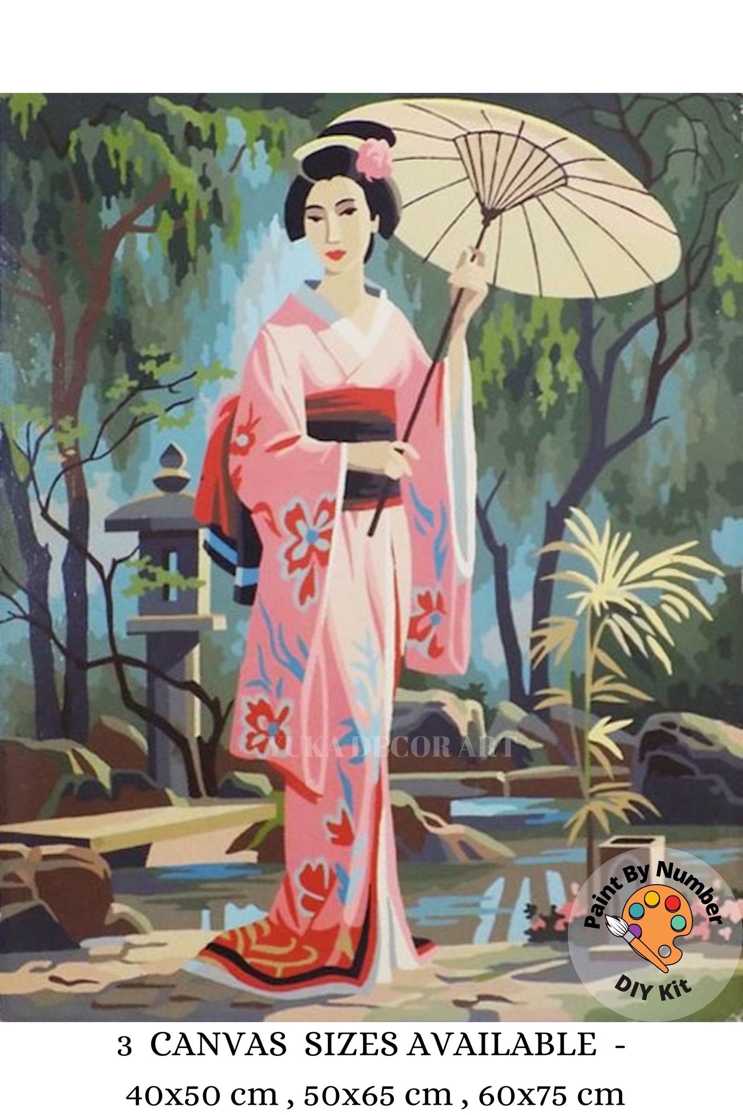 Geisha PAINT by NUMBER Kit Adult , Girl Scrolling With Umbrella, Japanese Garden Landscape , Easy DIY Beginners  Painting Kit , Mom Gift