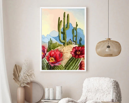 Desert Landscape PAINT by NUMBER Kit, Cactus Flowers Sunset Mountain View , Easy DIY Beginners Acrylic Painting Kit , Wall Art Gift