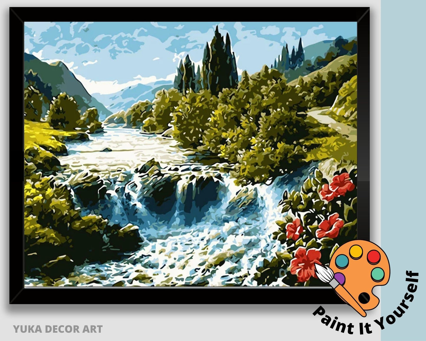 Scenic River View PAINT by NUMBERS Kit for Adults ,Red Poppy Flower Valley ,DIY Acrylic Painting Canvas, Hobby Paint Kit