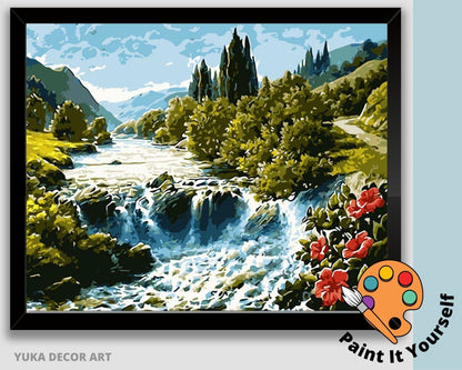 Scenic River View PAINT by NUMBERS Kit for Adults ,Red Poppy Flower Valley ,DIY Acrylic Painting Canvas, Hobby Paint Kit