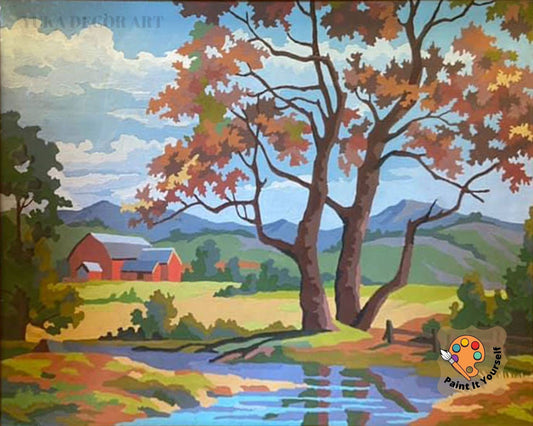 Vintage Style  PAINT by NUMBER Kit Adult, Stream River Landscape Fall Colors Art , Easy Beginner Acrylic Painting DIY Kit,Home Decor Gift