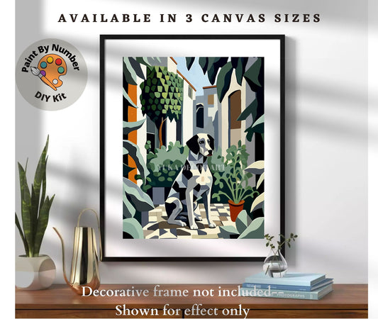 Modern PAINT by NUMBER Adult Kit ,Dog  In Courtyard , Foliage Plants ,Artist DIY Beginners Acrylic Paint Canvas Kit ,Wall Decor Gift