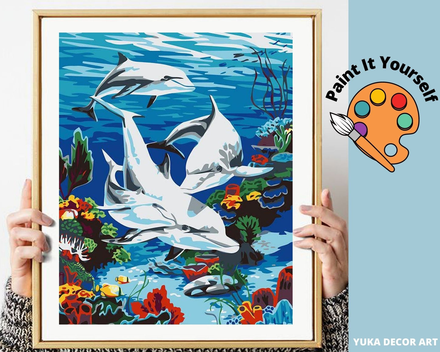 Dolphin PAINT by NUMBER Kit for Kids ,Playing Dolphins In Sea , Easy DIY Beginners Acrylic Paint Kit ,Nursery Bedroom Wall Art Decor Gift