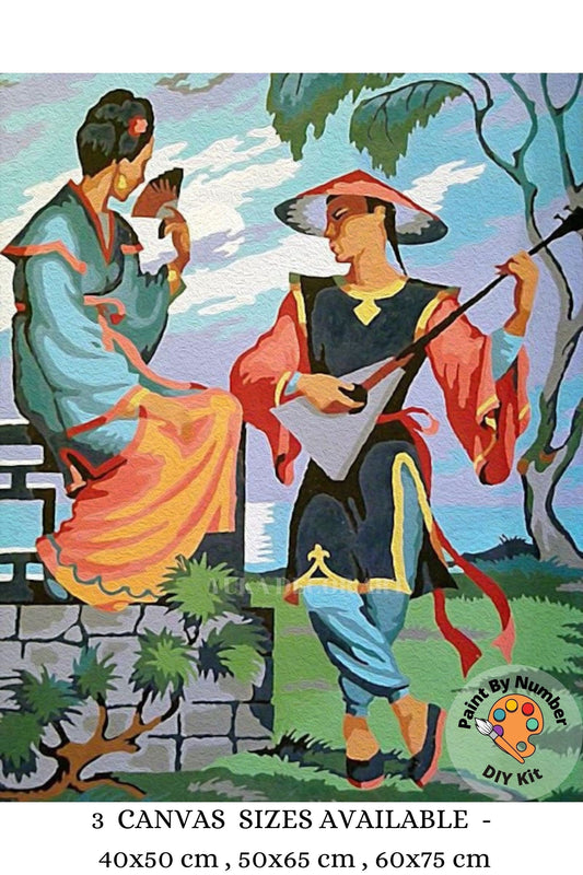 Oriental Couple Vintage PAINT by NUMBER Kit Adult , Asian Wall Decor ,Japan Garden Landscape , Easy DIY Beginners  Painting Kit , Mom Gift