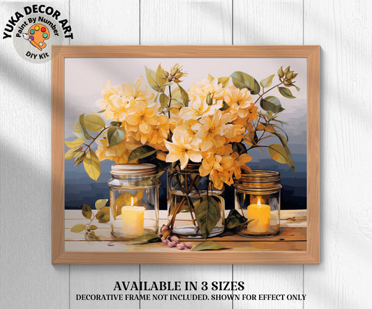 Floral Still life PAINT by NUMBER Kit Adult, Vintage Mason Jars & Candles Painting , Beginner Acrylic Art DIY Home Decor Gift for Girlfriend