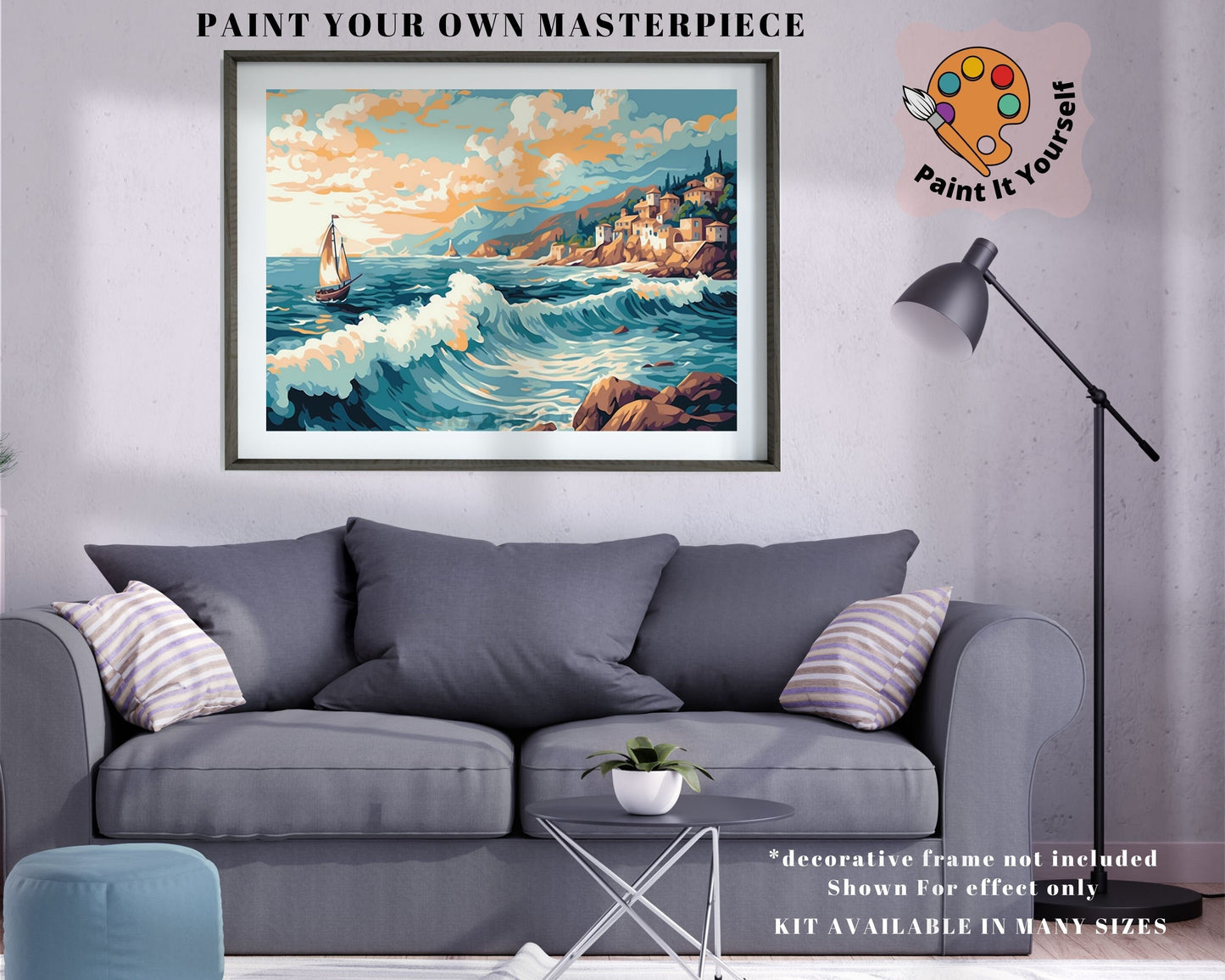 Seascape PAINT by NUMBER Kit for Adult , Rocky Cliff Village on Seashore ,Waves Beach scene, Beginner Acrylic Painting Kit,Home Decor Gift