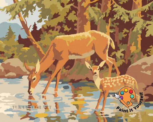 Deers in Forest PAINT by NUMBER Kit  Adult , Mountain Stream Vintage Style DIY Art , Easy Acrylic Paint Kit,Christmas Decor Gift