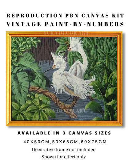 Vintage Style White Egret Birds PAINT by NUMBER Adult , Tropical Birds In Lake  ,  Easy Beginner Acrylic Canvas DIY Painting Kit