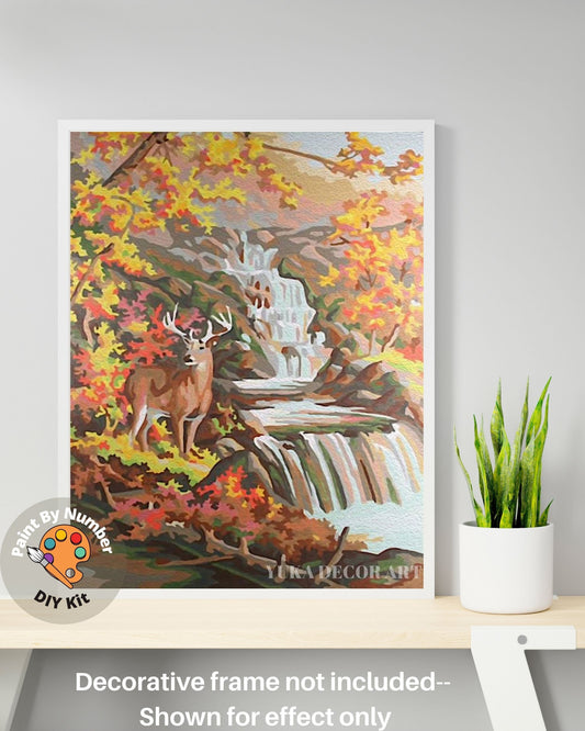 Waterfall PAINT by NUMBER Kit Adult,Mountain Antler,Vintage Style  Forest Landscape  , Easy Beginner Acrylic Painting DIY Kit, Decor Gift