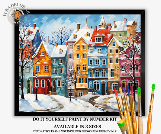 Winter Vintage Art PAINT by NUMBERS DIY Kit Adult Retro Colorful Town Scene Acrylic Painting  Easy Beginner Craft Kit Mom Dad Birthday Gift