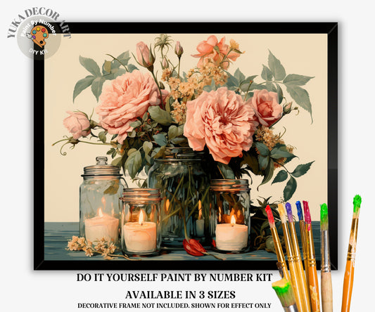 Floral Stil Life PAINT by NUMBER Kit Adult,  Rustic Cottagecore Art , Beginner Oil Painting DIY Kit , Handmade Gift for Wedding Anniversary