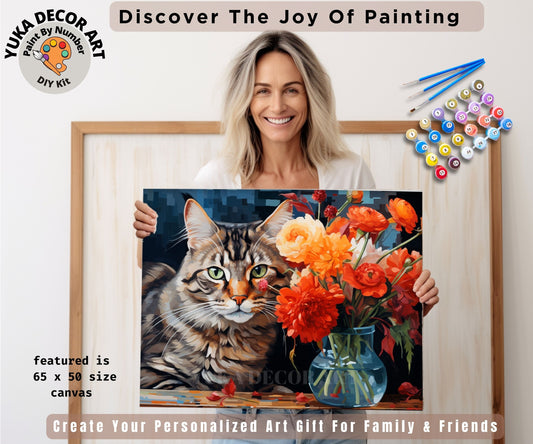 Cat PAINT by NUMBER Kit Adult DIY Art Orange Vibrant Flowers Easy Beginner Acrylic Painting Birthday Housewarming Custom Gift For Grandmom